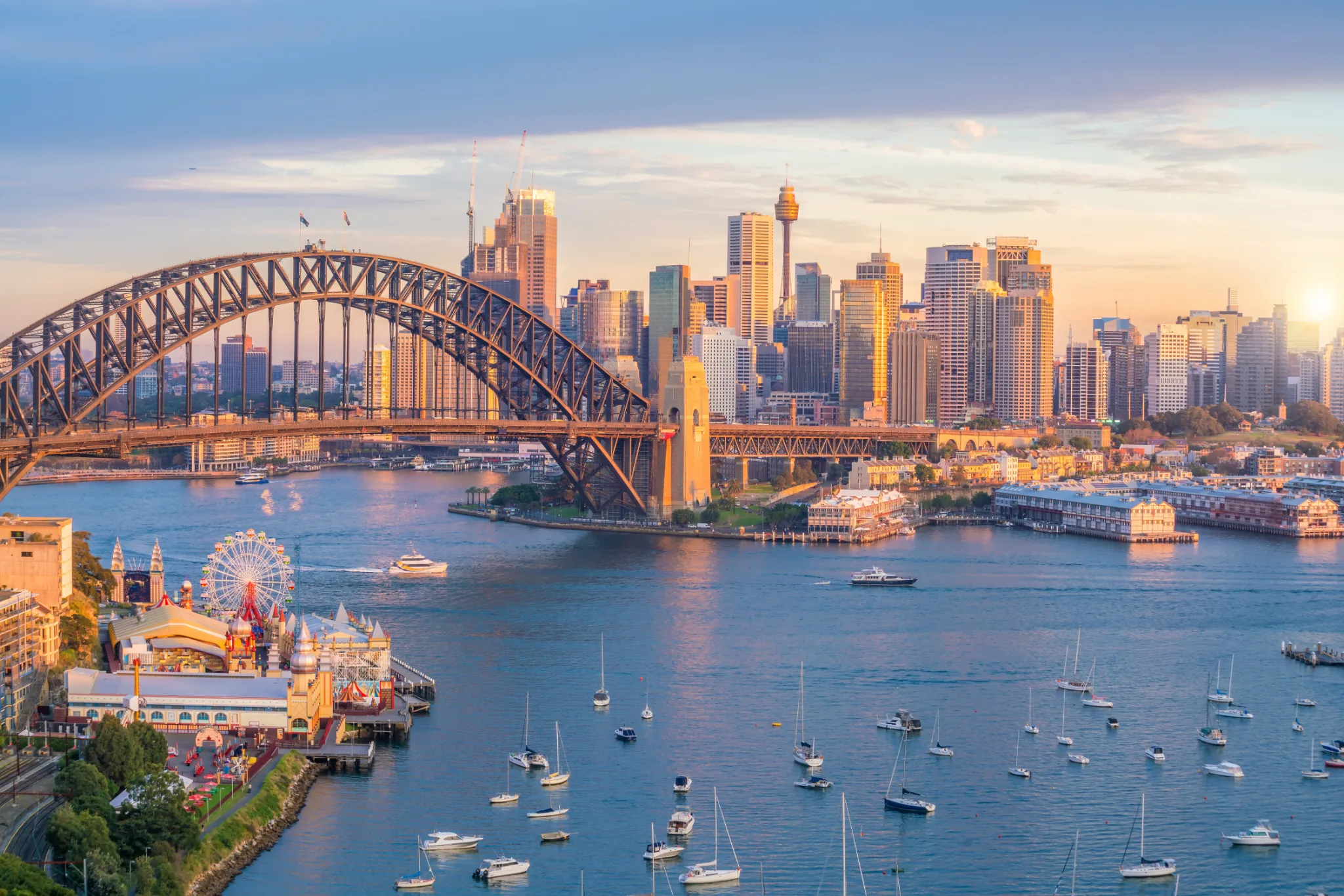 Sydney Harbour and city skyline at sunset